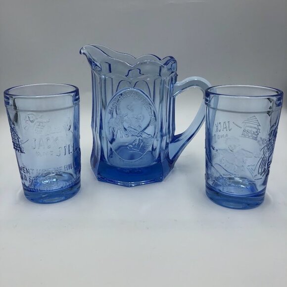 Vintage Tiara Blue Glass Pitcher and 2 Glass Set Jack and Jill Nursery Rhymes - Picture 4 of 16